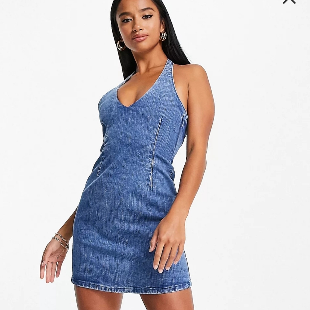 Petite Halter Style Denim Dress